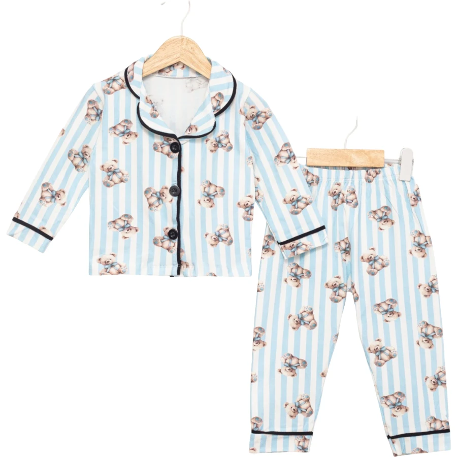3'lı Mavi Çizgili Ayıcık Önden Düğmeli Pijama 12 Ay,2y,3y Erkek 452675