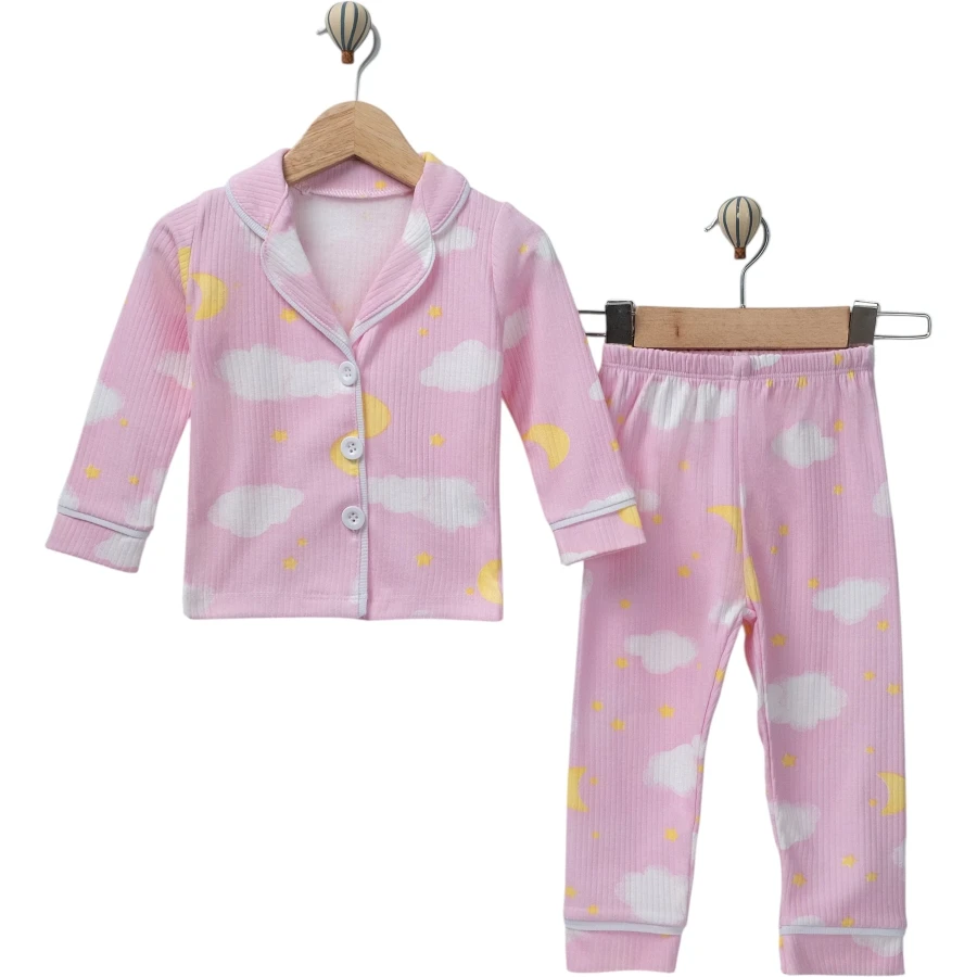 3'lı Bulutlu Önden Düğmeli Kız Yakalı Pijama Takım 12 Ay,2y,3y Kız 451602
