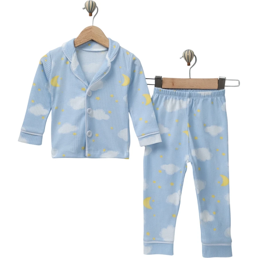 3'lı Bulutlu Önden Düğmeli Erkek Yakalı Pijama Takım 12 Ay,2y,3y Erkek 451601