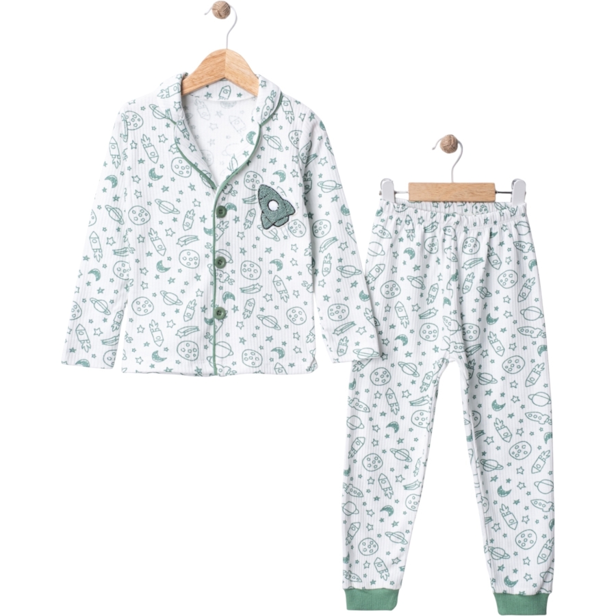 3'lı Galaksi Baskılı Roket Nakışlı Yakalı Erkek Çocuk Pijama Takım 448571
