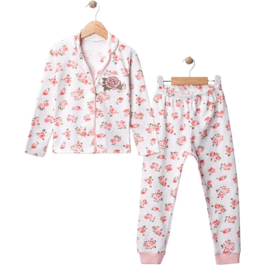 3'lı Gül Baskılı Nakışlı Yakalı Kız Çocuk Pijama Takım 448319