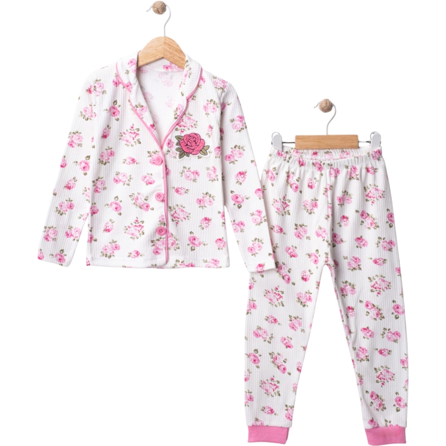 3'lı Gül Baskılı Nakışlı Yakalı Kız Çocuk Pijama Takım 448320