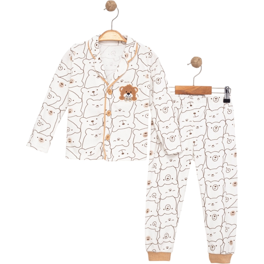 3'lı Ayıcık Süzene Nakışlı Yakalı Pijama Takım 445943