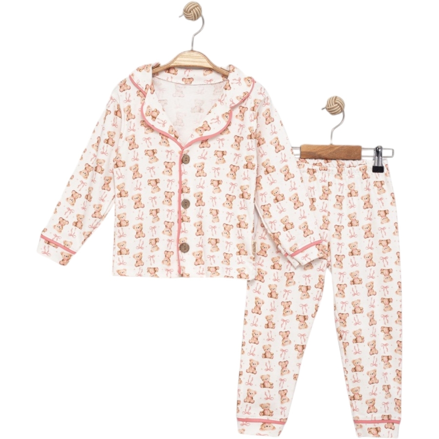 3'lı Fiyonklu Ayı Gömlek Yaka Pijama Takımı 12 Ay,2y,3y Kız 444432