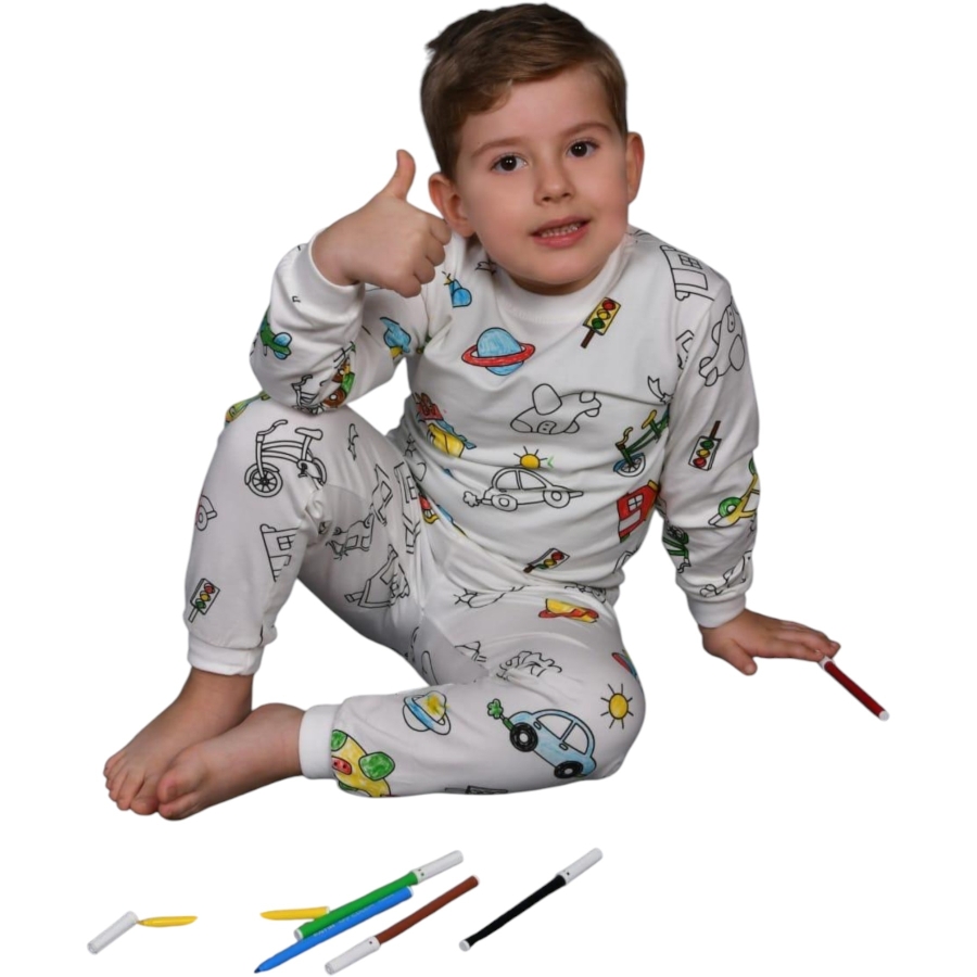 4'lı Taşıt Baskılı Boyanabilir Erkek Pijama Takımı 443158