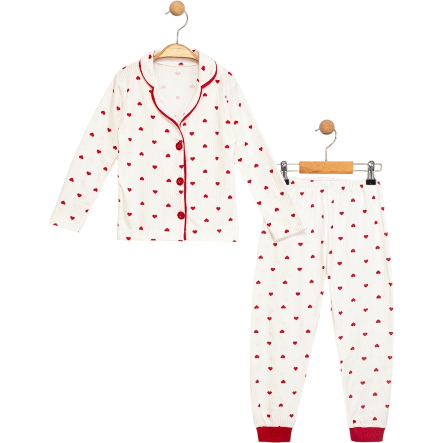 3'lı Yakalı Kalp Baskılı Kız Pijama Takım 443101