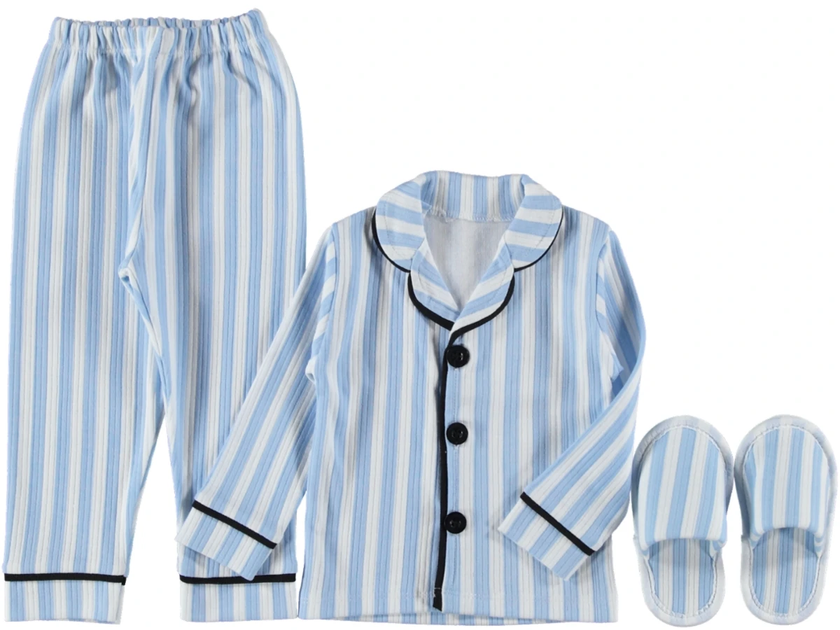 3'lı Mavi Çizgili Terlikli Pijama Takımı 463955