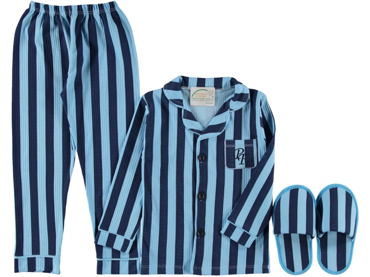 3'lı Mavi-Lacivert Çizgili Terlikli 3lü Pijama Takımı 463961