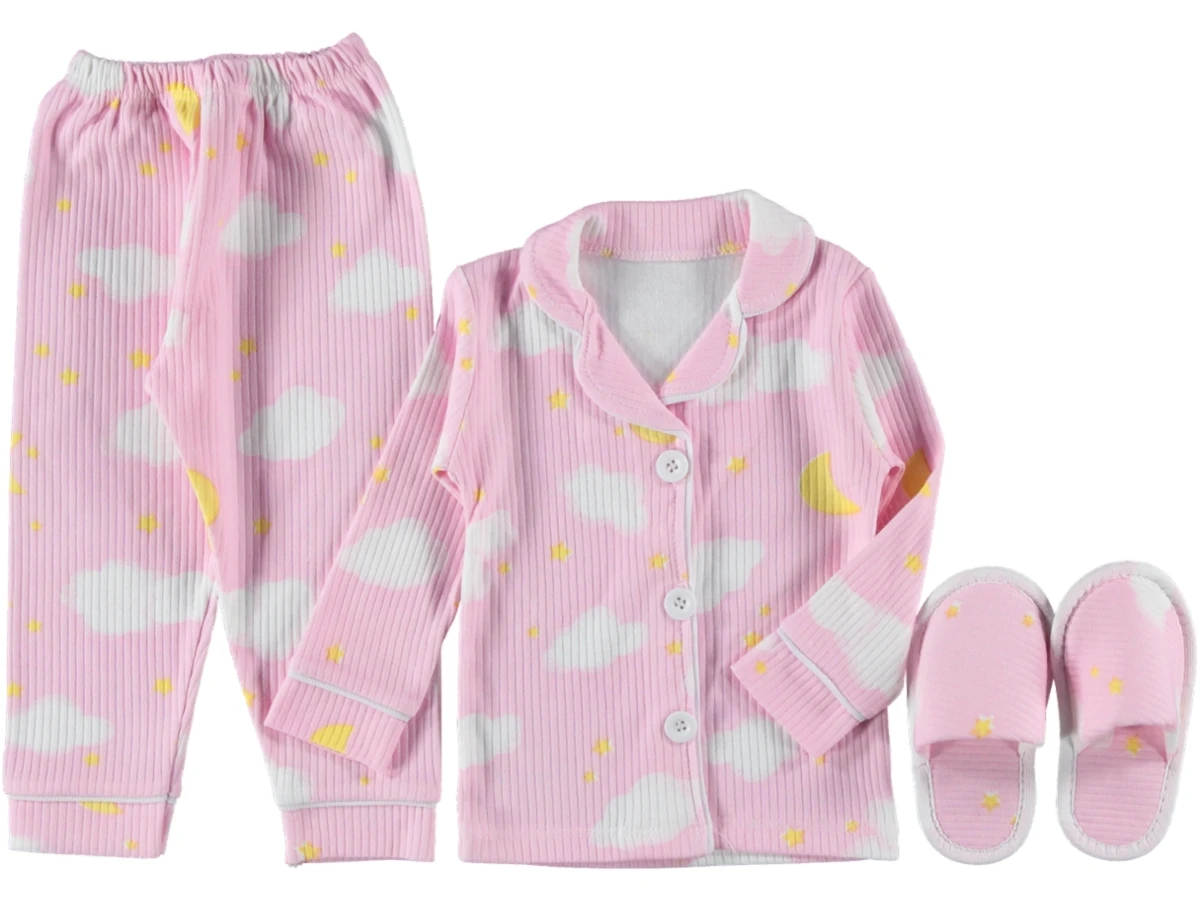 3'lı Bulut Baskılı Pembe Terlikli 3lü Pijama Takımı 463960