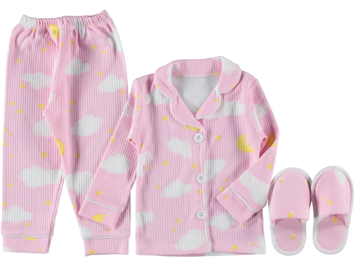 3'lı Bulut Baskılı Pembe Terlikli 3lü Pijama Takımı 463959