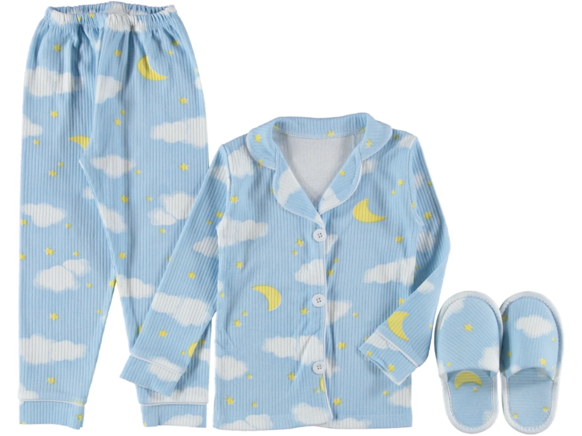 3'lı Bulut Baskılı Mavi Terlikli 3 Lü Pijama Takımı 463958
