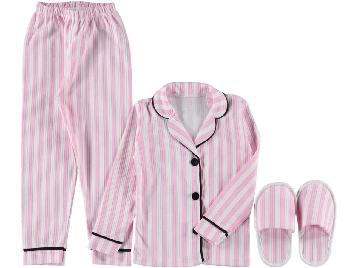 3'lı Pembe Çizgili Terlikli 3lü Pijama Takımı 463954