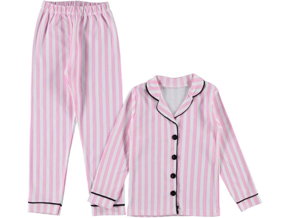 3'lı Pembe Çizgili Yakalı Çocuk Pijama Takım 454116