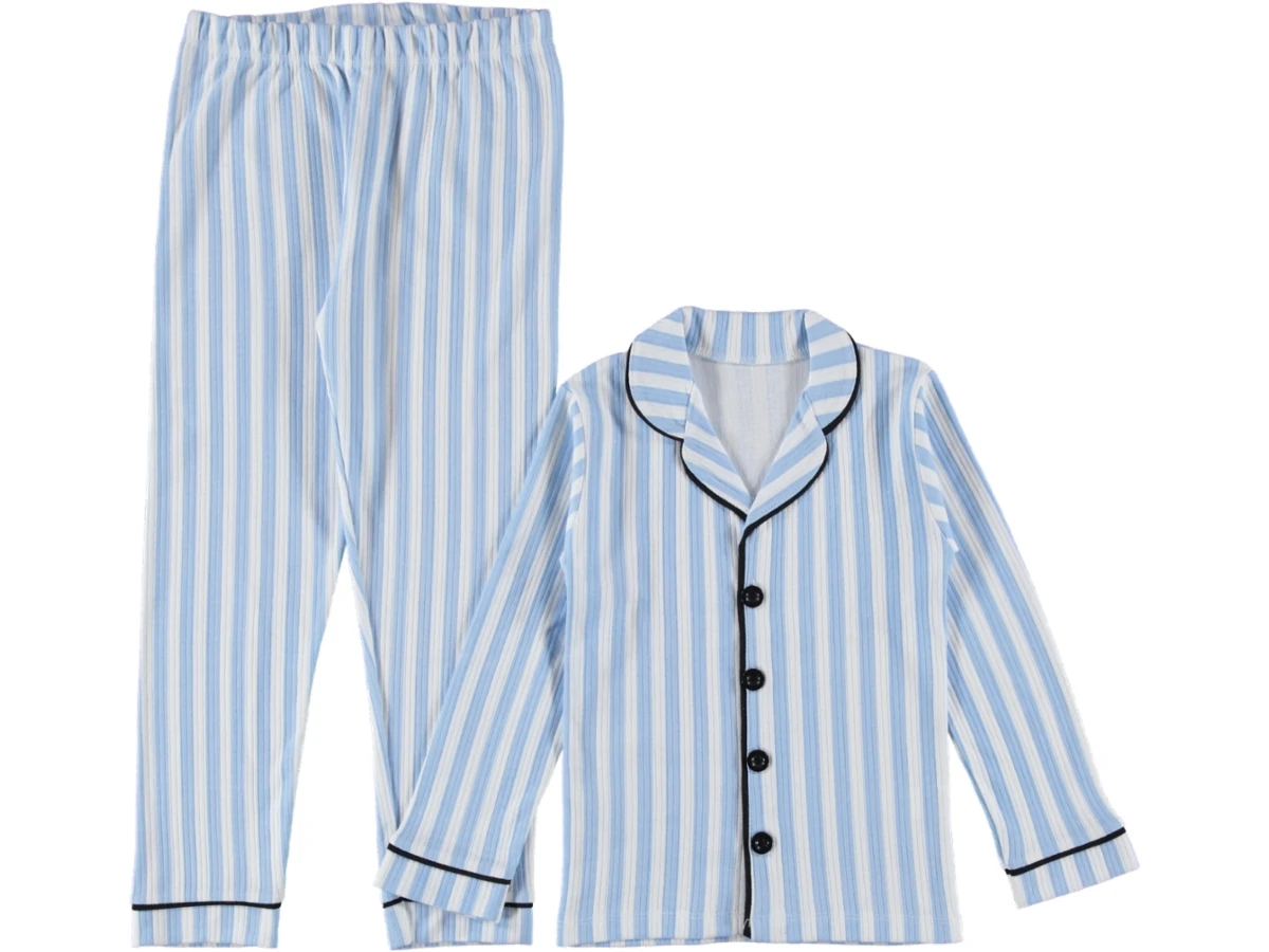 3'lı Mavi Çizgili Yakalı Çocuk Pijama Takım 454115