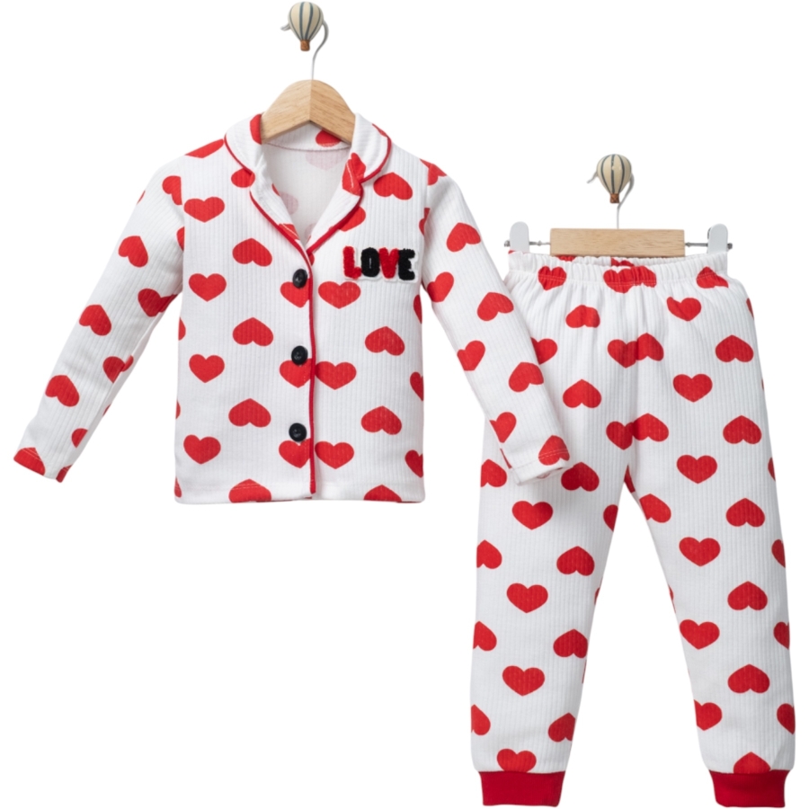 3'lı Kalp Baskı Love Süzene Nakışlı Yakalı Kız Çocuk Pijama Takım 450455