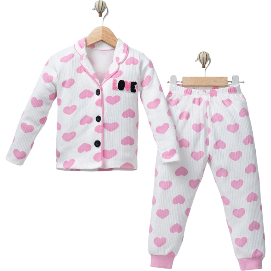3'lı Kalp Baskı Love Süzene Nakışlı Yakalı Kız Çocuk Pijama Takım 450456