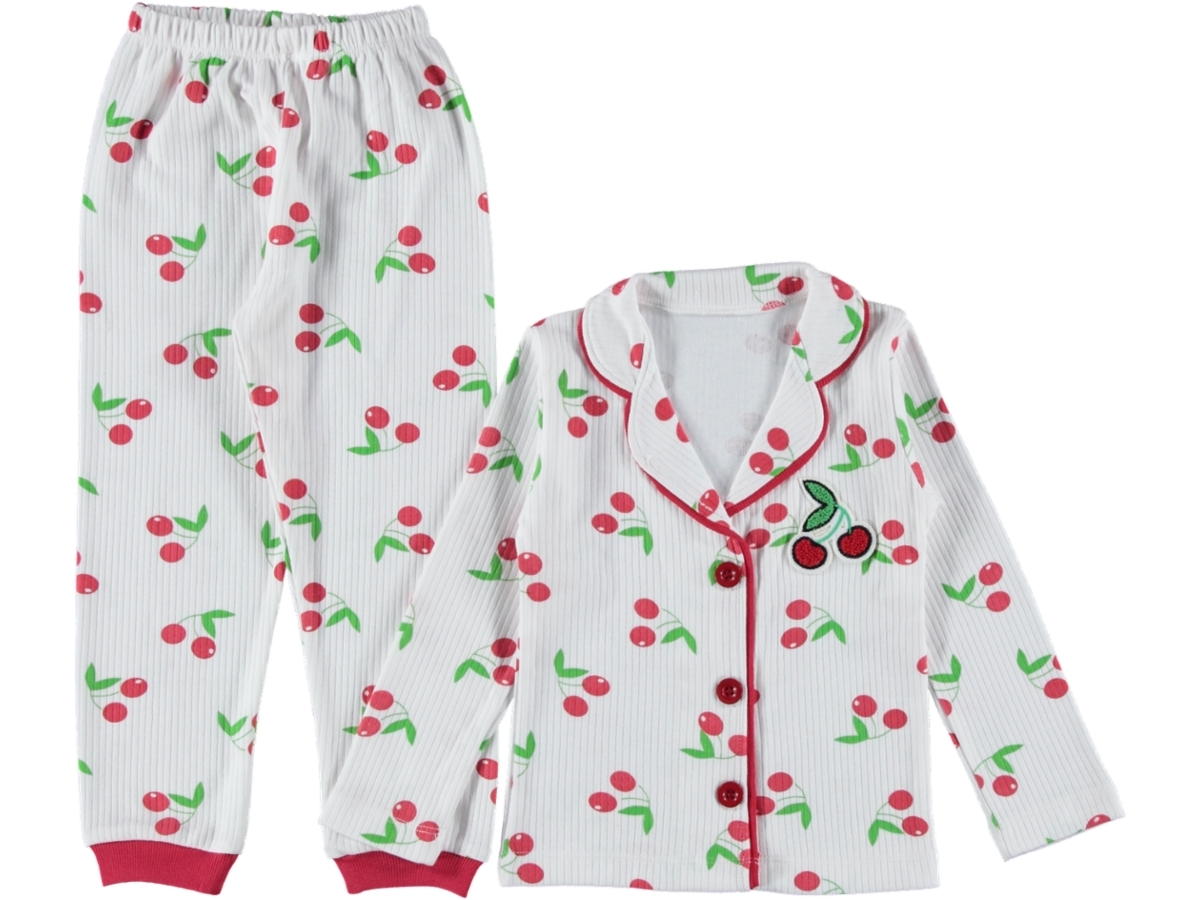 3'lı Kiraz Süzene Nakışlı Baskılı Yakalı Kız Pijama Takım 445468
