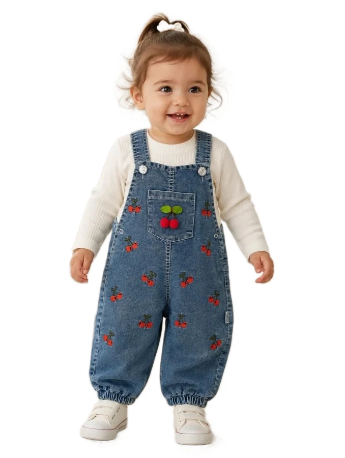 3'lı Kız Bebek Kiraz Nakışlı Kot Salopet 9/18 Ay 466822