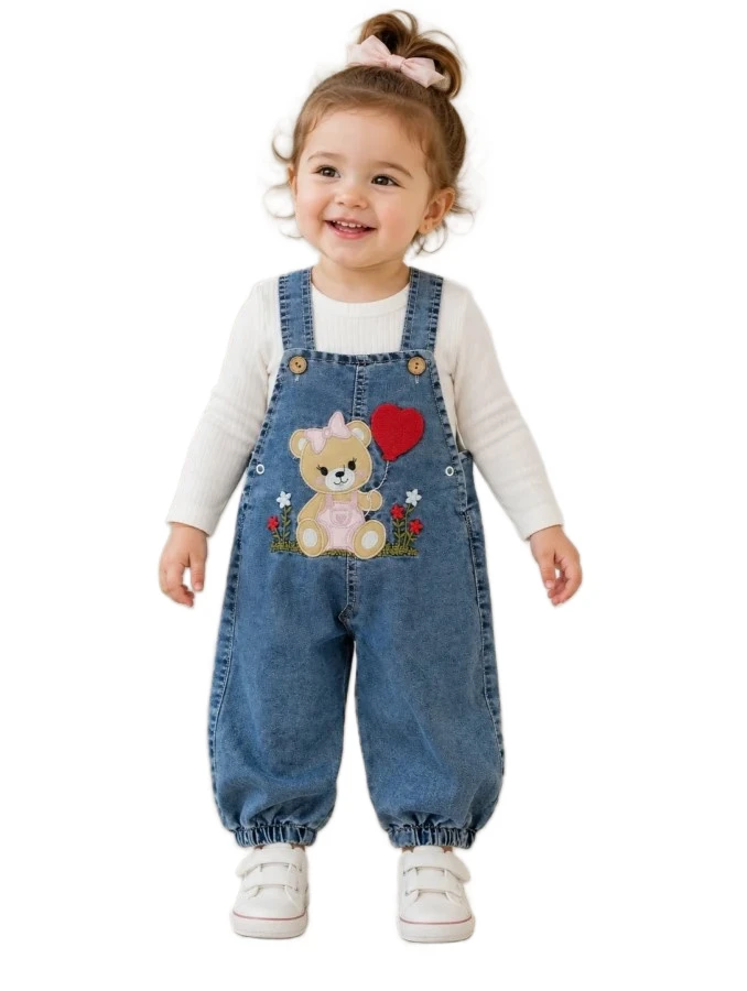 3'lı Kız Bebek Balonlu Ayı Nakışlı Kot Salopet 9/18 Ay 466472