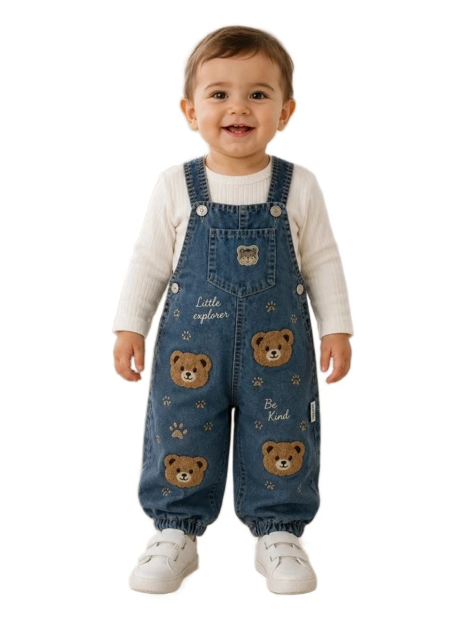 3'lı Erkek Bebek Suzine Ayı Kafası Nakışlı Kot Salopet 9/18 Ay 466825