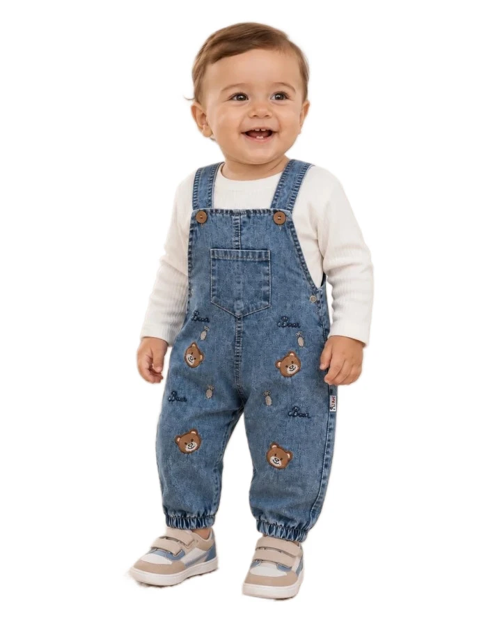 3'lı Erkek Bebek Ayı Kafası Nakışlı Kot Salopet 9/18 Ay 467122