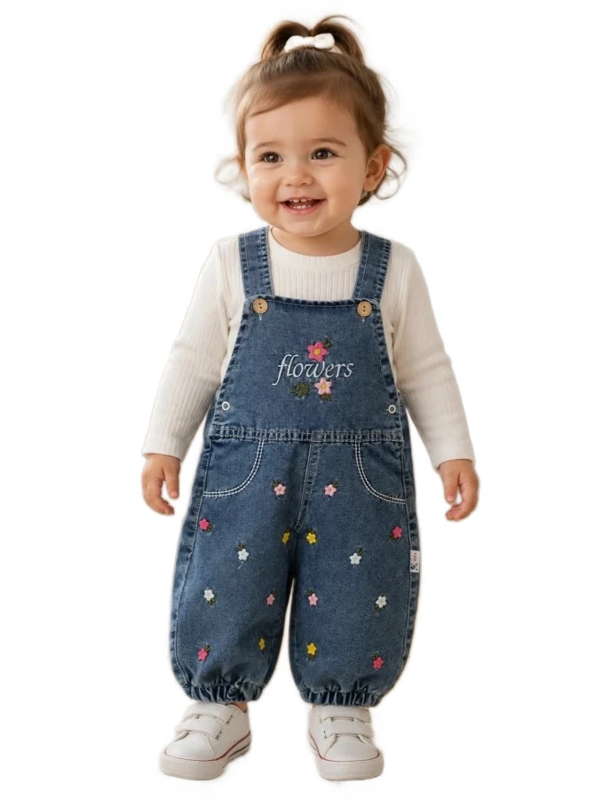 3'lı Kız Bebek Flowers Nakışlı Kot Salopet 9/18 Ay 466824