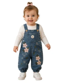 3'lı Kız Bebek Çicek Nakışlı Kot Salopet 9/18 Ay 466474