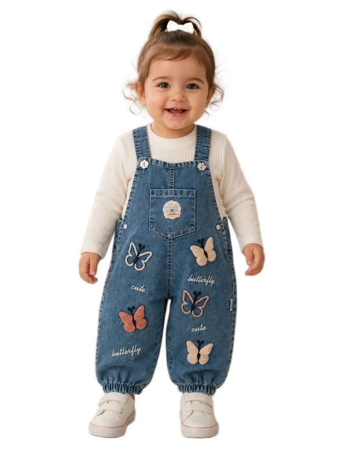 3'lı Kız Bebek Suzine Kelebek Nakışlı Kot Salopet 9/18 Ay 466823