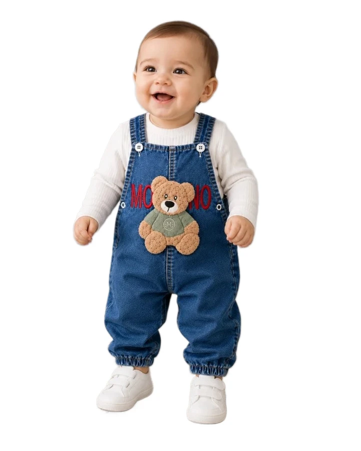 3'lı Erkek Bebek Mossino Ayı Nakışlı Kot Salopet 9/18 Ay 466449