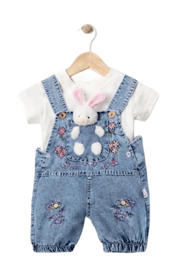 3'lı Kız Bebek Oyuncak Tavşanlı Nakışlı Kot Salopet 9/18 Ay 454580