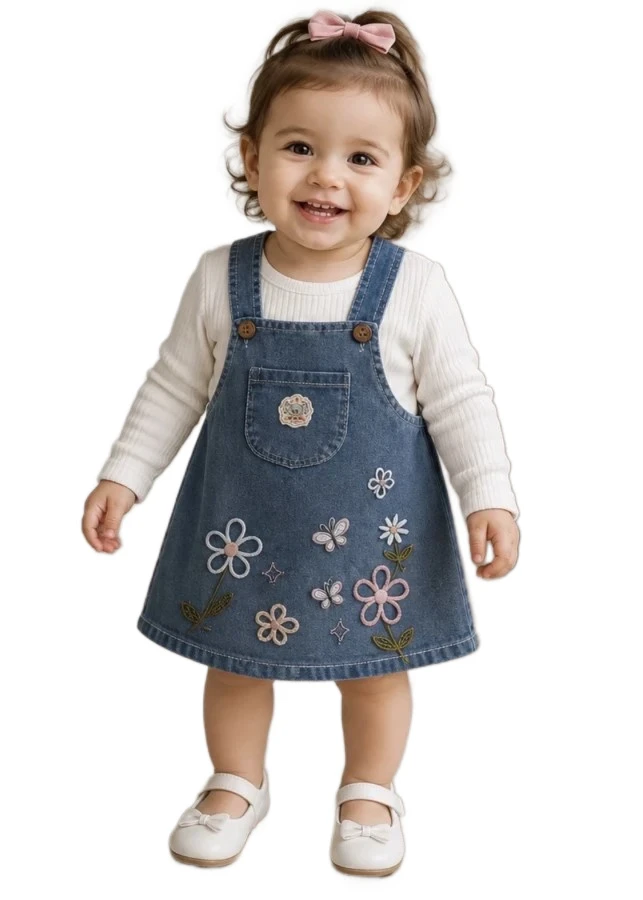 3'lı Kız Bebek Kelebek Çicek Nakışlı Kot Jile 9/18 Ay 467039