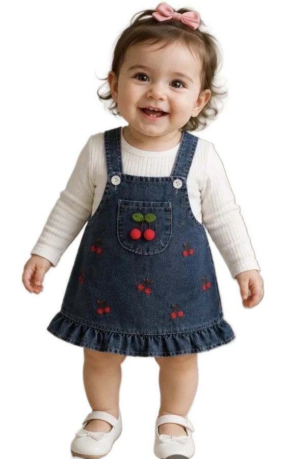 3'lı Kız Bebek Kiraz Nakışlı Kot Jile 9/18 Ay 467038