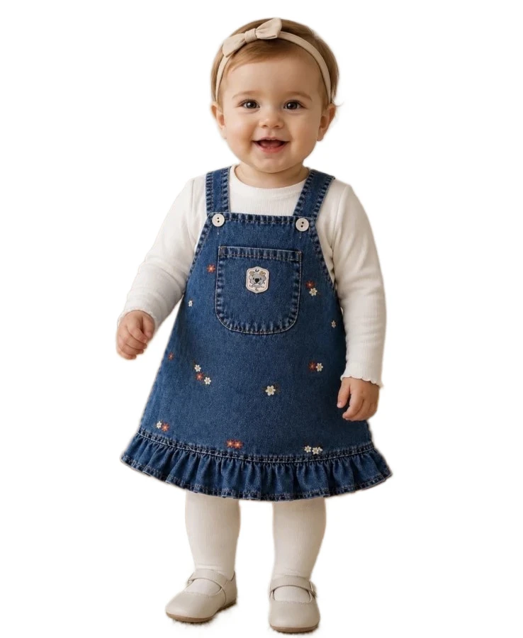 3'lı Kız Bebek Minik Çicek Nakışlı Kot Jile 9/18 Ay 467043