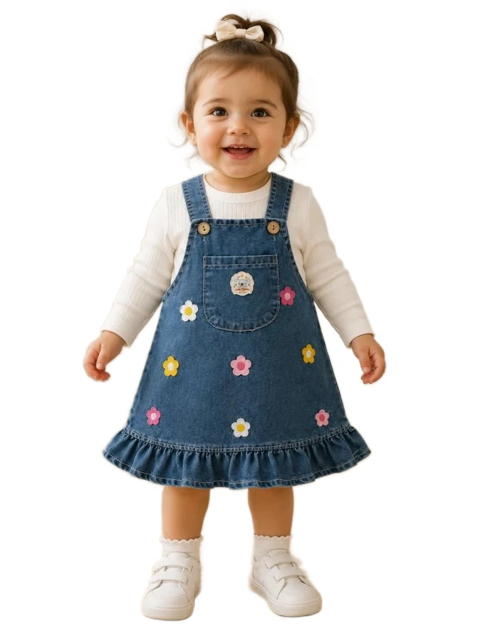 3'lı Kız Bebek Papatya Nakışlı Kot Jile 9/18 Ay 466445