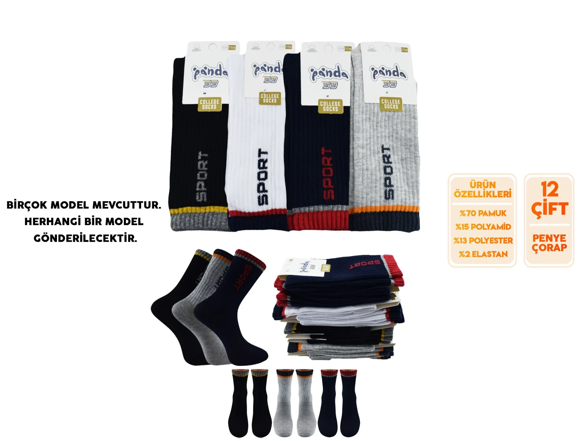 Panda 11 (3-12 Yaş) Yıkamalı Kız Erkek Çocuk Kolej Soket Çorap 12'li