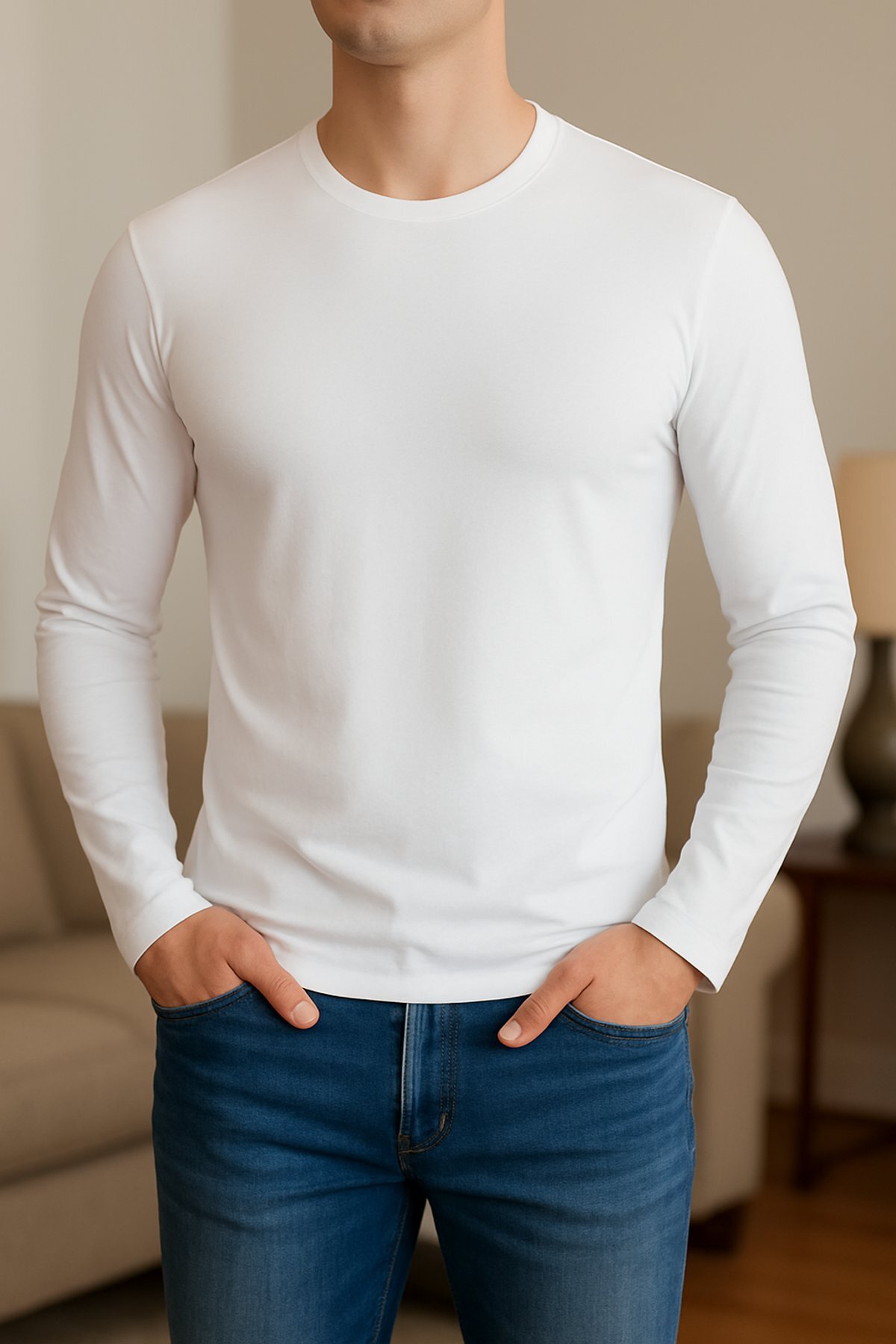 6'lı Elit 1302 Beyaz Sıfır yaka Uzun Kol Erkek Body