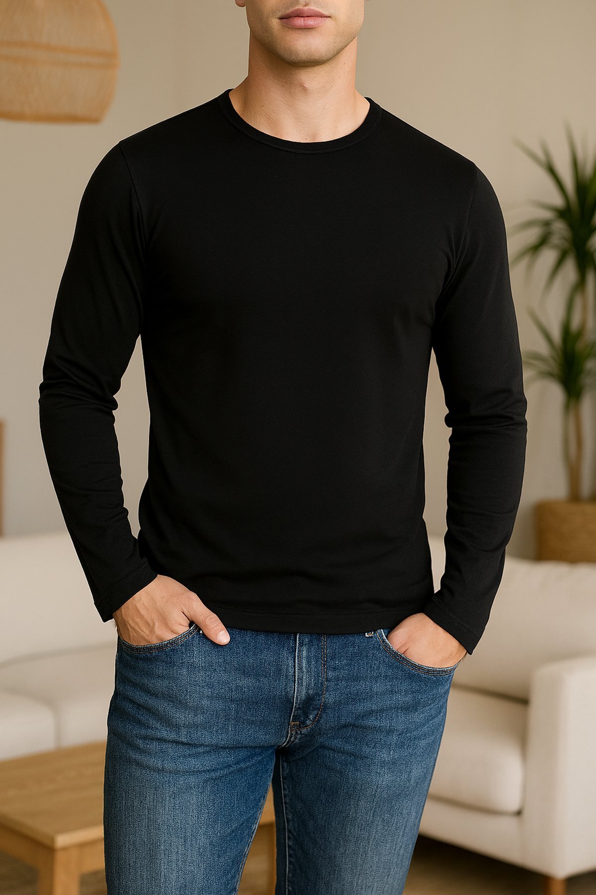 6'lı Elit 1302 Siyah Sıfır yaka Uzun Kol Erkek Body