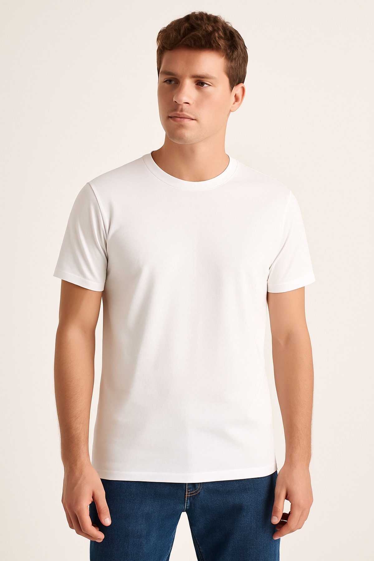 1301 Elit Beyaz Erkek Elastan Sıfır Yaka T-Shirt
