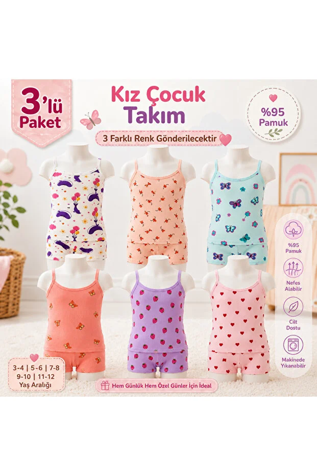 Katmirra 3'lü Kız Çocuk Fitilli ve Desenli Kumaş Atlet & Boxer Takım DF3101
