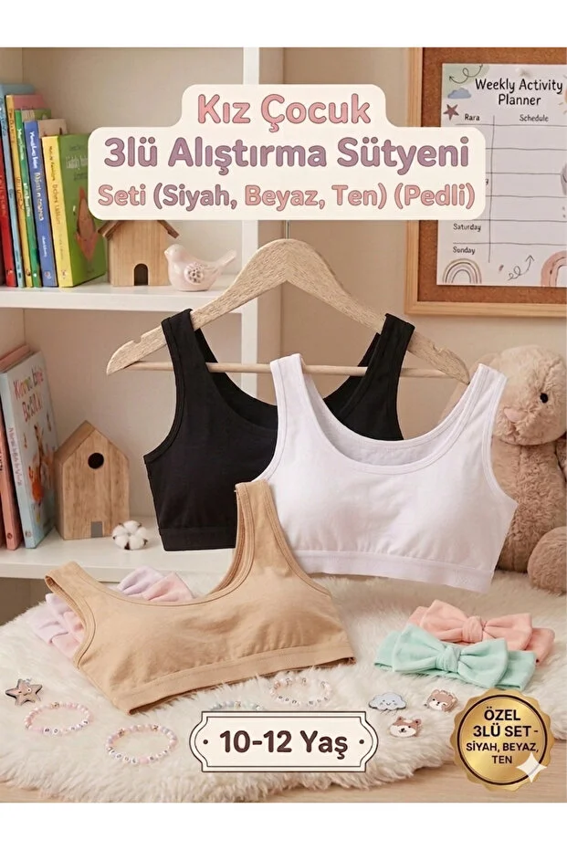 3'lü Kız Çocuk Kalın Askılı Pedli Alıştırma Sütyeni Büstiyer D427
