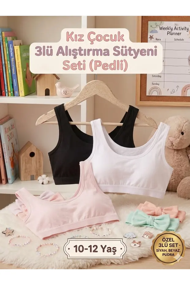 3'lü  Kalın Askılı Kız Çocuk Pedli Alıştırma Sütyeni Büstiyer D427