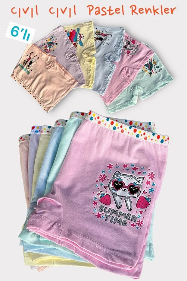 Katmirra 6'lı Pastel Renk Kız Çocuk Baskılı Boxer