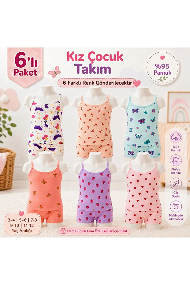 Katmirra 6'lı Kız Çocuk Fitilli ve Desenli Kumaş Atlet & Boxer Takım DF3101