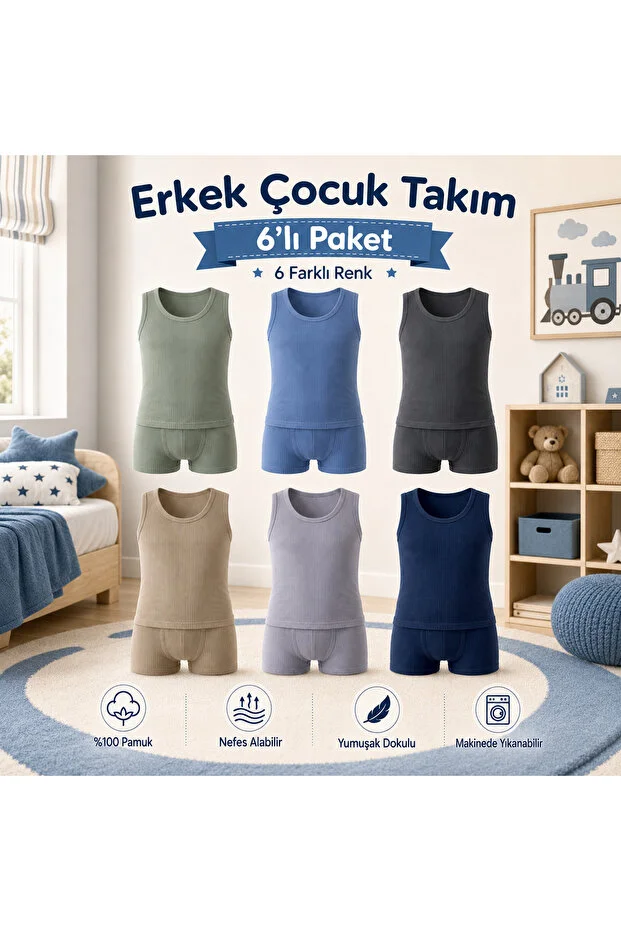 Katmirra 6'lı Erkek Çocuk Fitilli Atlet ve Boxer Takım DF3102