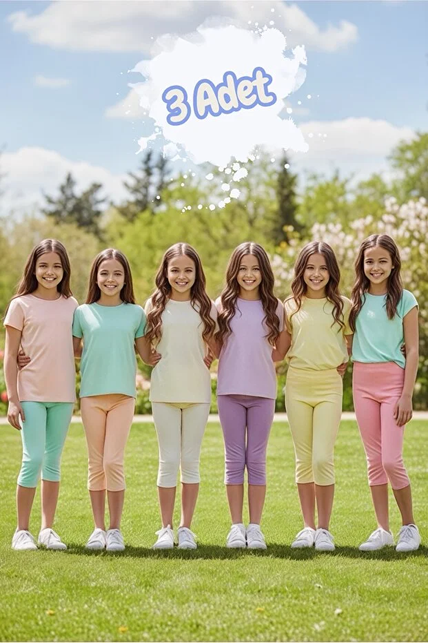 3'lü Kız Çocuk Pastel Renk Pamuklu Kapri Taytlar D445
