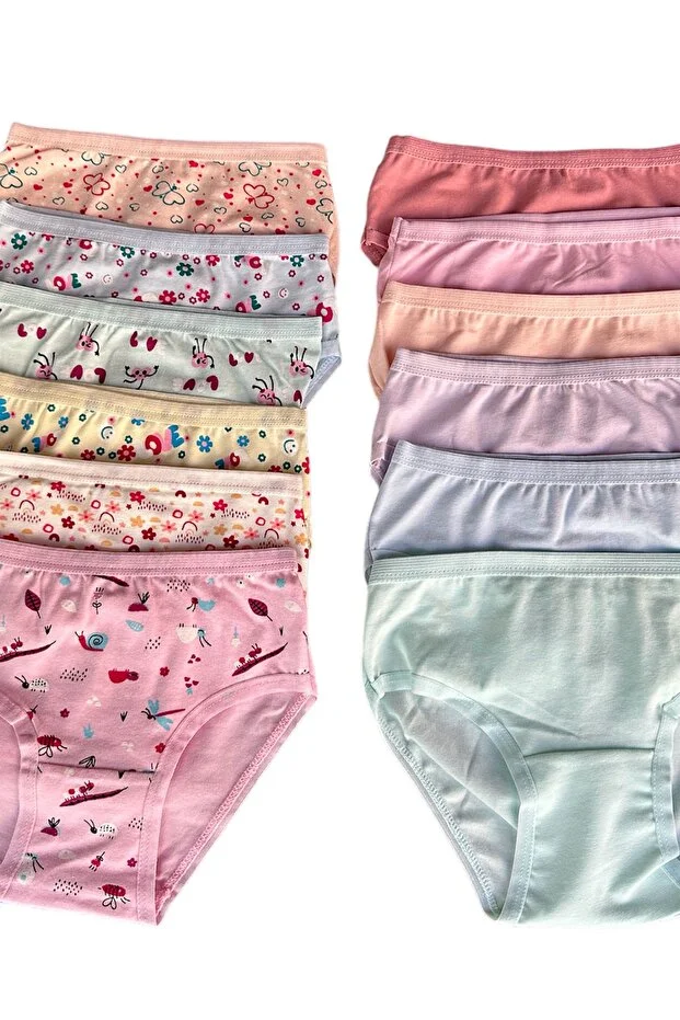 12'li Dondeza Pamuklu Penye Kız Çocuk Desenli Ve Düz Renk Bikini Külot