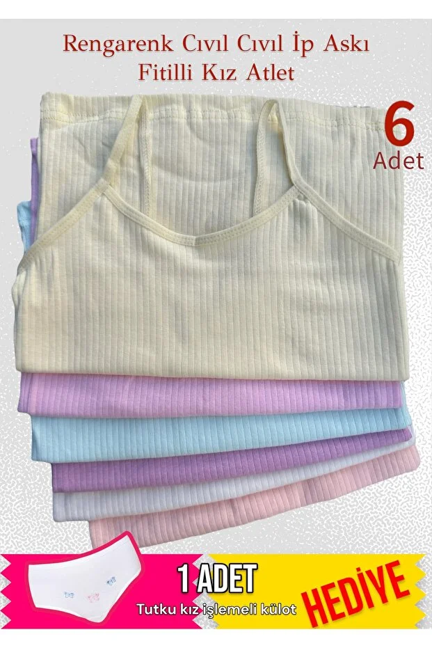 6'lı İp Askılı Fitilli Pastel Renk Kız Çocuk Atlet - Tutku Kız Çocuk Külot Hediyeli