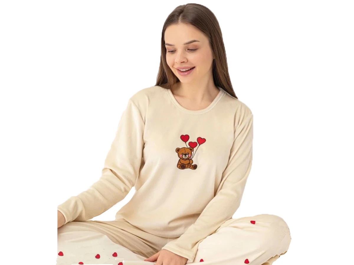6'lı Kadife Kalp Bolonlu Ayıcık Nakışlı Bayan Pijama Takım S/2xl 183833
