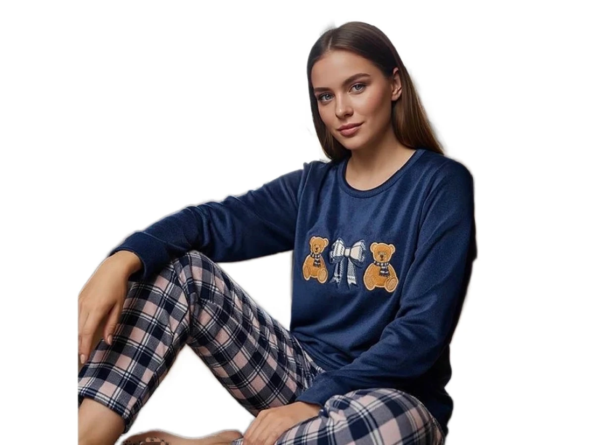 6'lı Kadife Ayıcık Fiyonk Nakışlı Bayan Pijama Takım S/2xl 183825