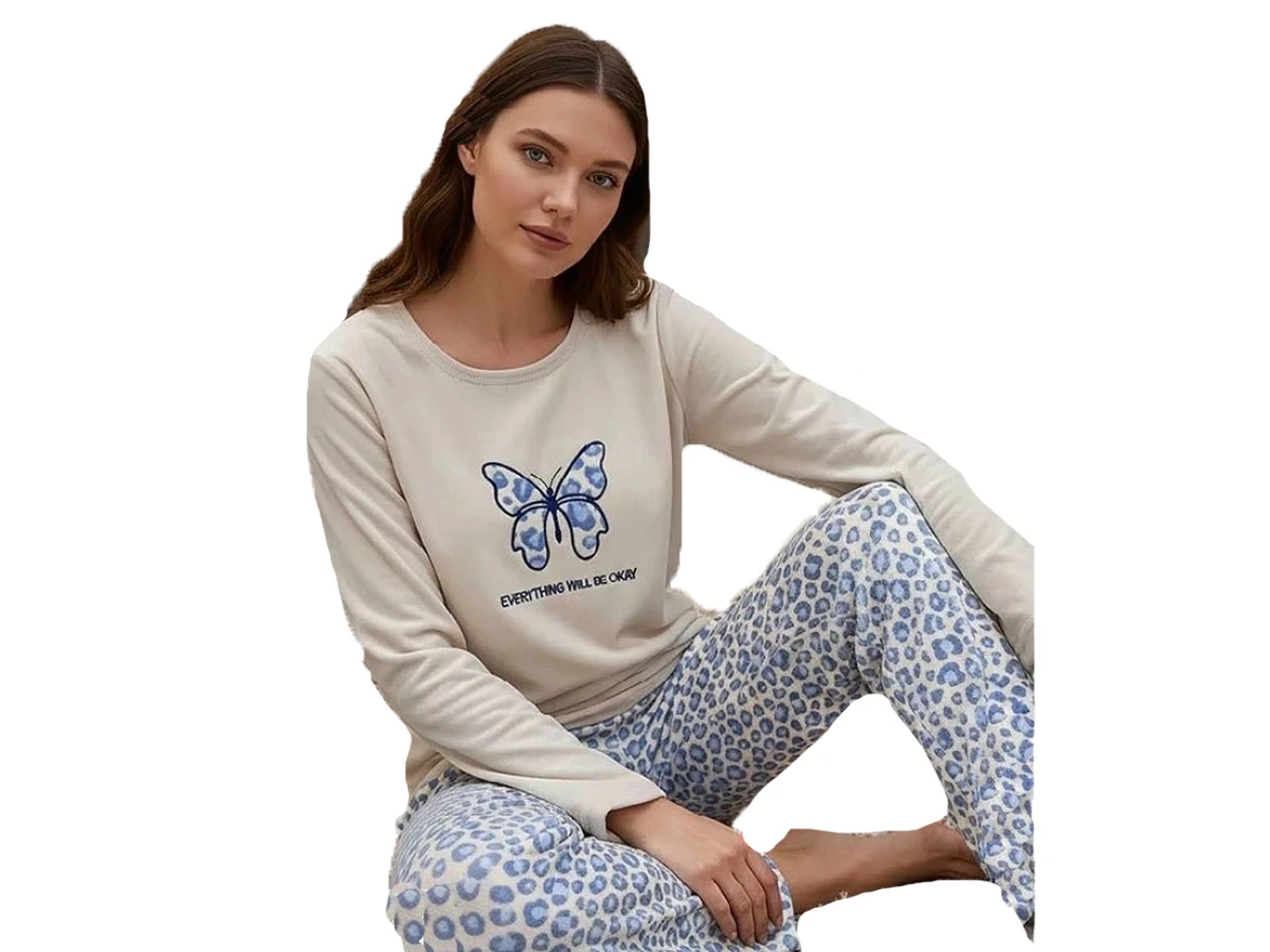 6'lı Kadife Kelebek Nakışlı Bayan Pijama Takım S/2xl 183815